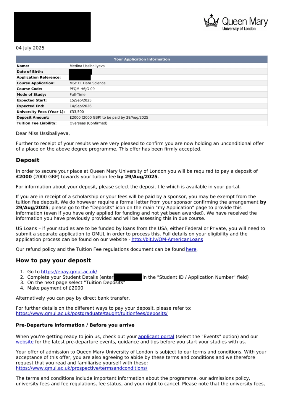 Оффер Queen Mary University of London — Медина